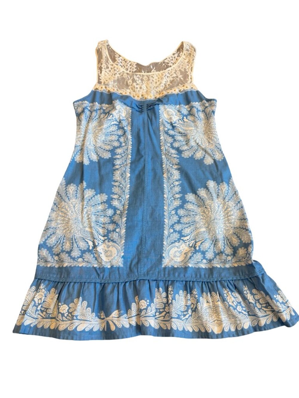 Free People Blue Ivory Paisley Lace Yoke Shift Dress Boho Mini Size 4 Women's